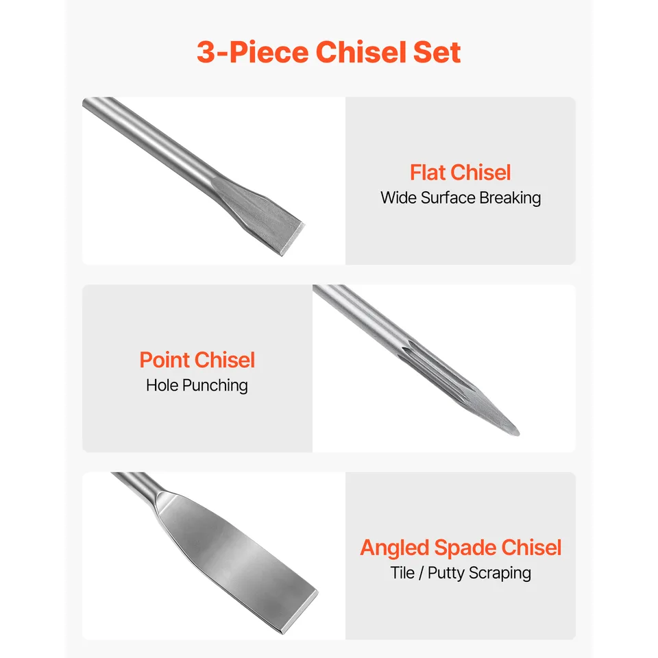 SDS Plus Chisel Set, 3 Pcs SDS Plus Rotary Hammer Drill Attachments, Includes Point, Flat, & Angled Spade Chisels, Heat Treated 40 Cr Alloy view 2