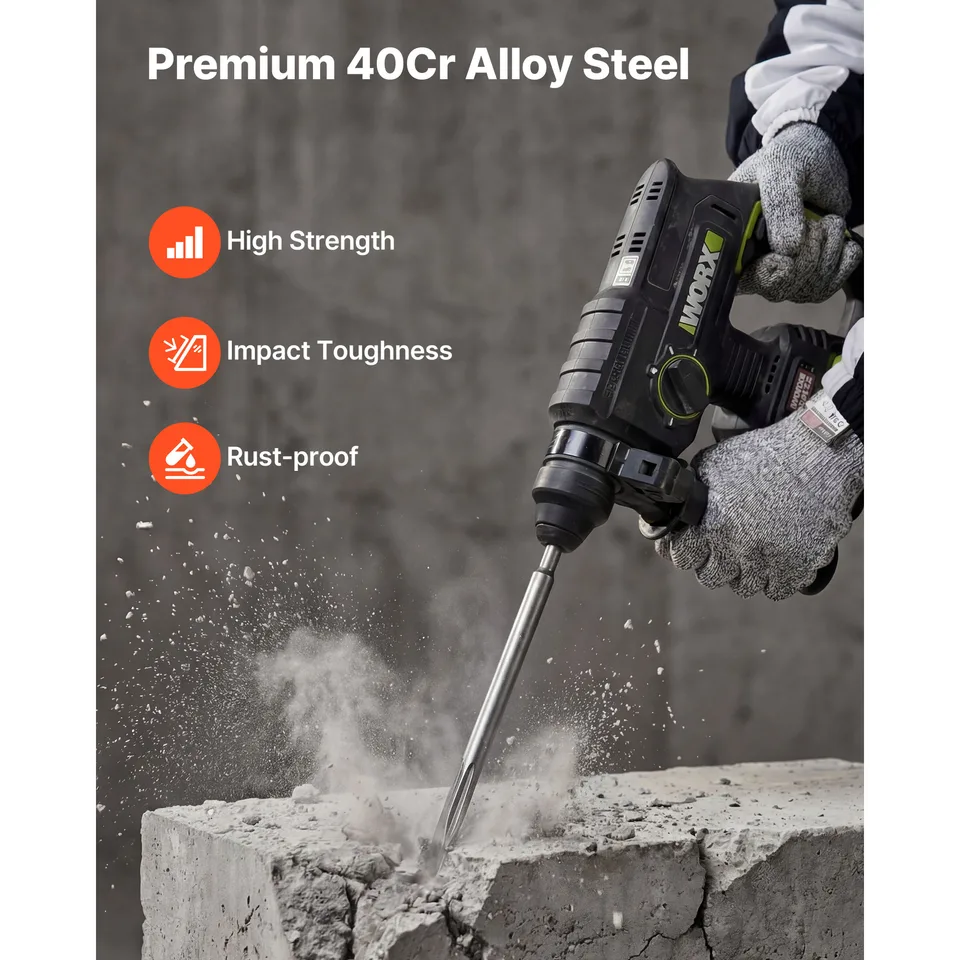 SDS Plus Chisel Set, 3 Pcs SDS Plus Rotary Hammer Drill Attachments, Includes Point, Flat, & Angled Spade Chisels, Heat Treated 40 Cr Alloy view 3