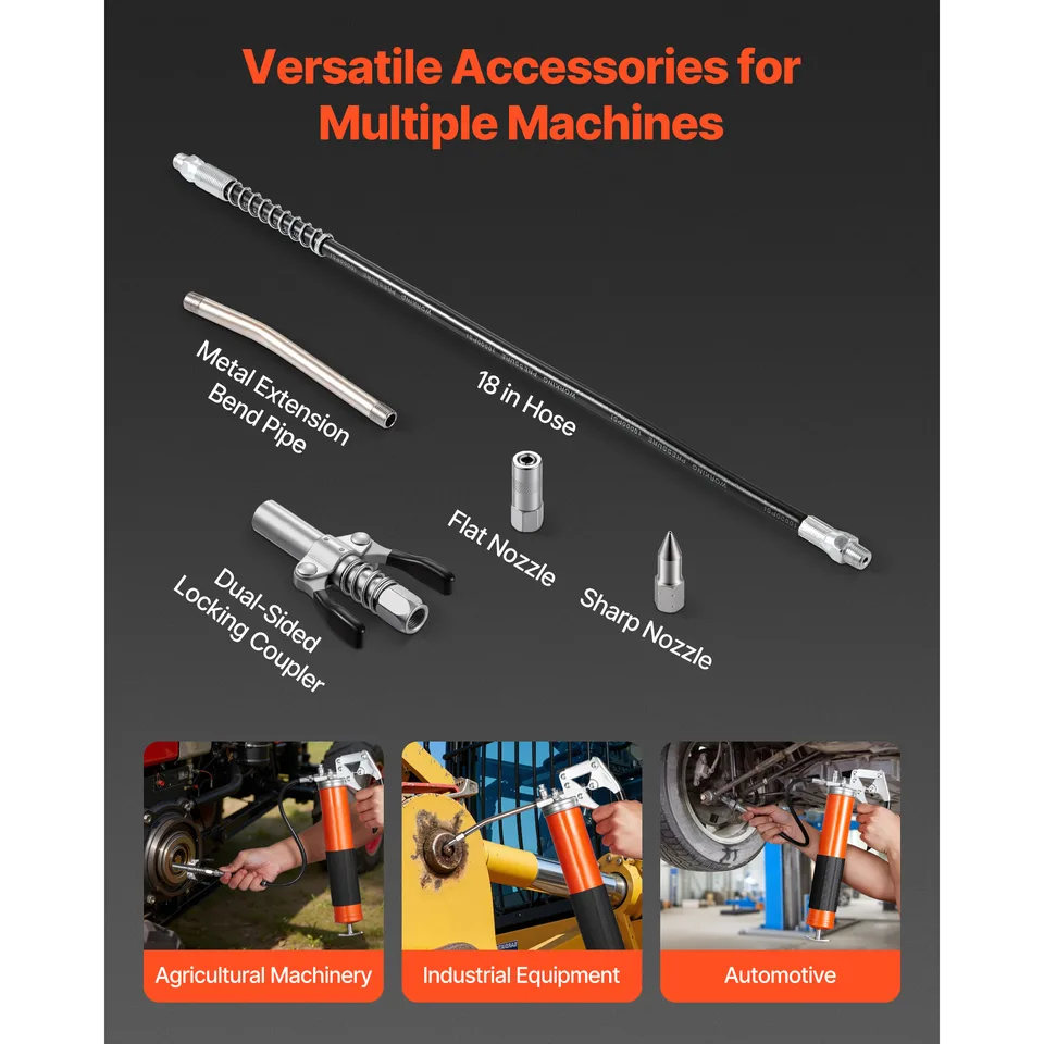 Grease Gun, 8000 PSI, Pistol Grip Grease Gun Kit With 14 Oz Capacity, Includes 18-Inch Flex Hose, Double Handle Grease Coupler, Extension view 2