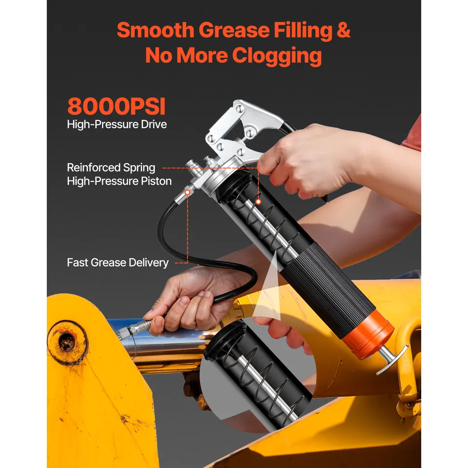 Grease Gun, 8000 PSI, Pistol Grip Grease Gun Kit With 14 Oz Capacity, Includes 18-Inch Flex Hose, Double Handle Grease Coupler, Extension view 3
