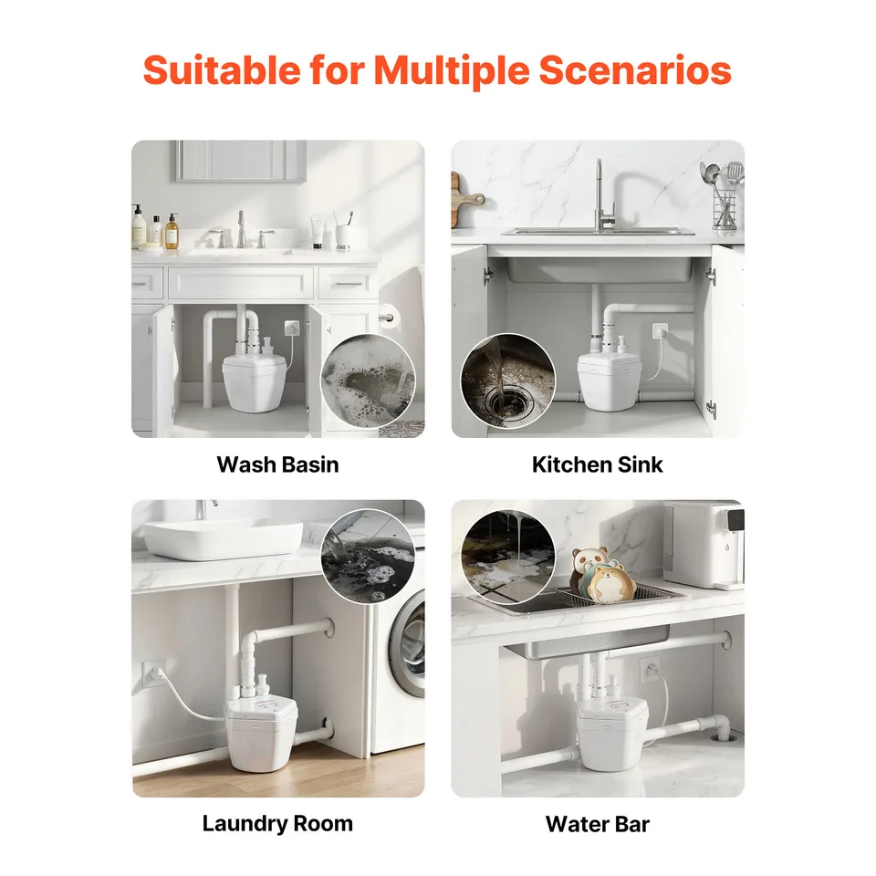 Utility Sink Pump, 1 HP, 2200 GPH Under Sink Pump With 3 Water Inlets 1 Outlet, 36 Ft Max Lift, Cast Aluminum Motor, Macerating Toilet view 3