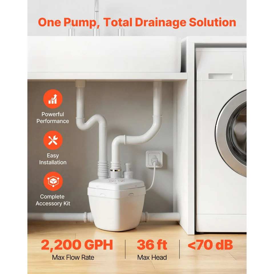 Utility Sink Pump, 1 HP, 2200 GPH Under Sink Pump With 3 Water Inlets 1 Outlet, 36 Ft Max Lift, Cast Aluminum Motor, Macerating Toilet view 2