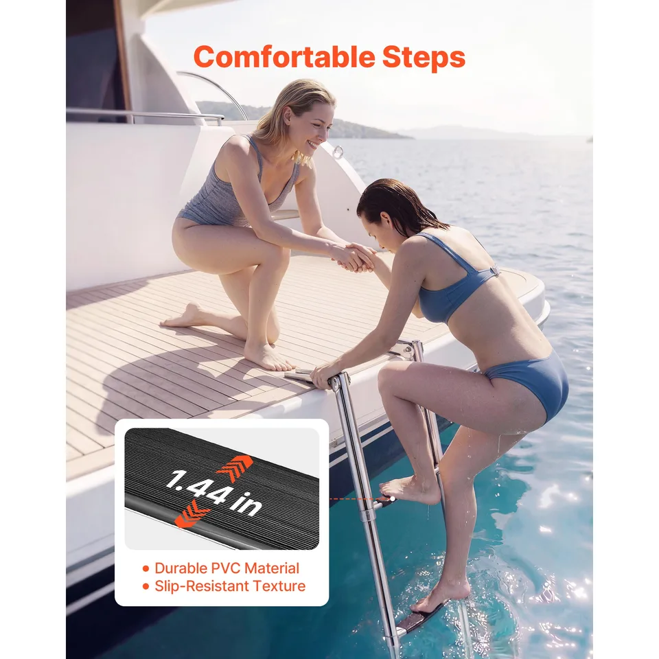 Boat Ladder, 4 Steps, Stainless Steel Telescoping Folding Swim Deck Ladder For Rear Entry Inboard, Heavy Duty 900 Lbs Capacity With Wide view 3