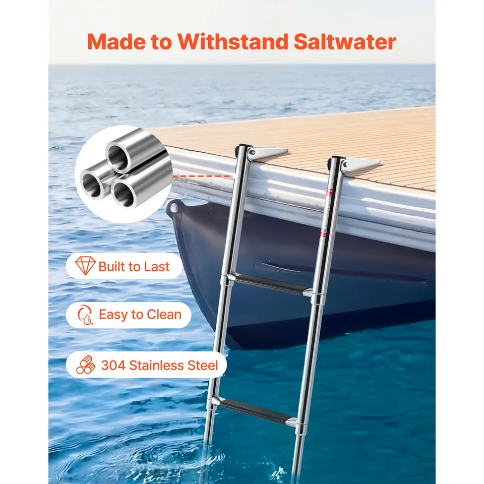 Boat Ladder, 4 Steps, Stainless Steel Telescoping Folding Swim Deck Ladder For Rear Entry Inboard, Heavy Duty 900 Lbs Capacity With Wide view 2