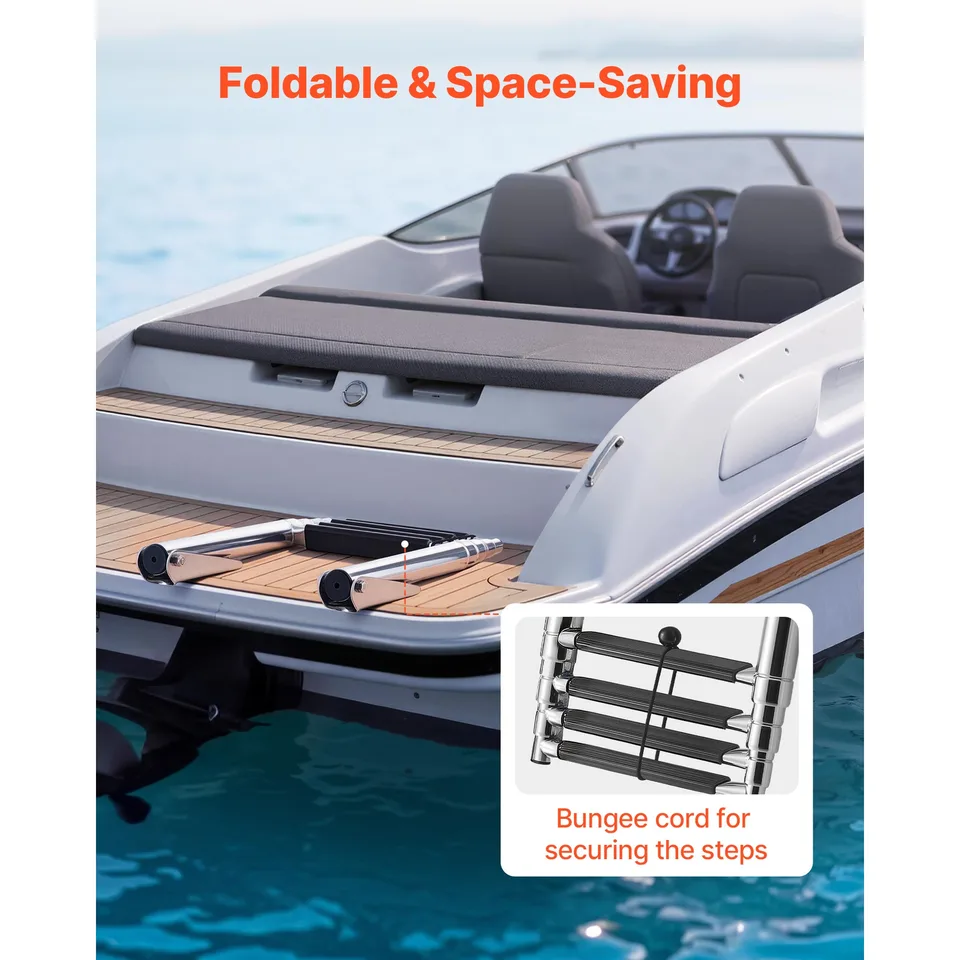 Boat Ladder, 4 Steps, Stainless Steel Telescoping Folding Swim Deck Ladder For Rear Entry Inboard, Heavy Duty 900 Lbs Capacity With Wide view 4