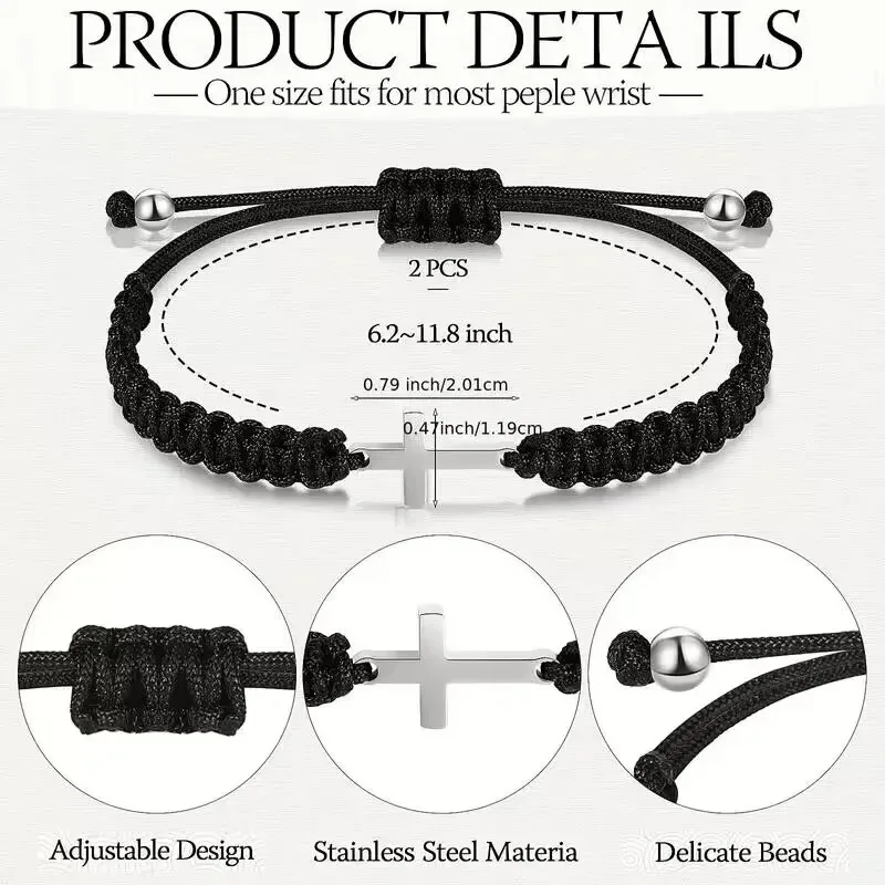Black And White Woven Cross Couple Bracelets, Adjustable Cross Wristbands view 7