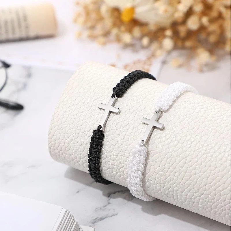 Black And White Woven Cross Couple Bracelets, Adjustable Cross Wristbands view 2