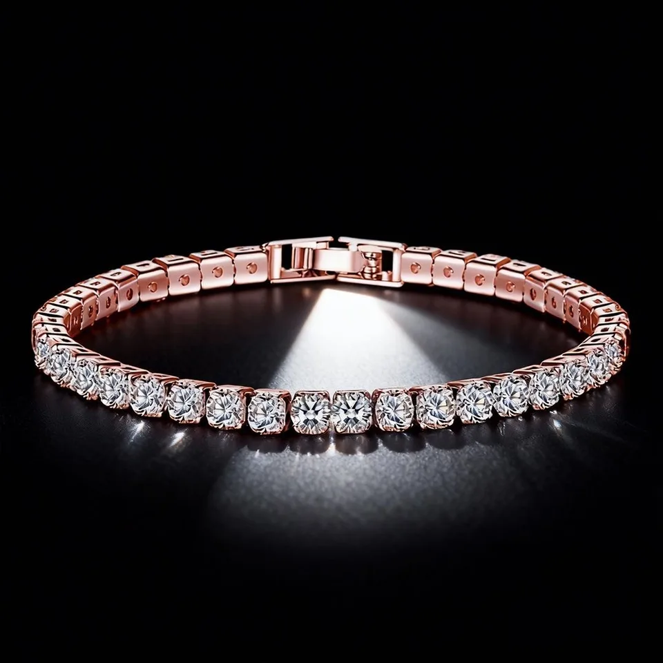 Sparkling Tennis Chain Bracelet, 14K Gold Plated Cubic Zirconia Wristband, Dainty Unisex Jewelry For Wedding, Party & Daily Wear view 2