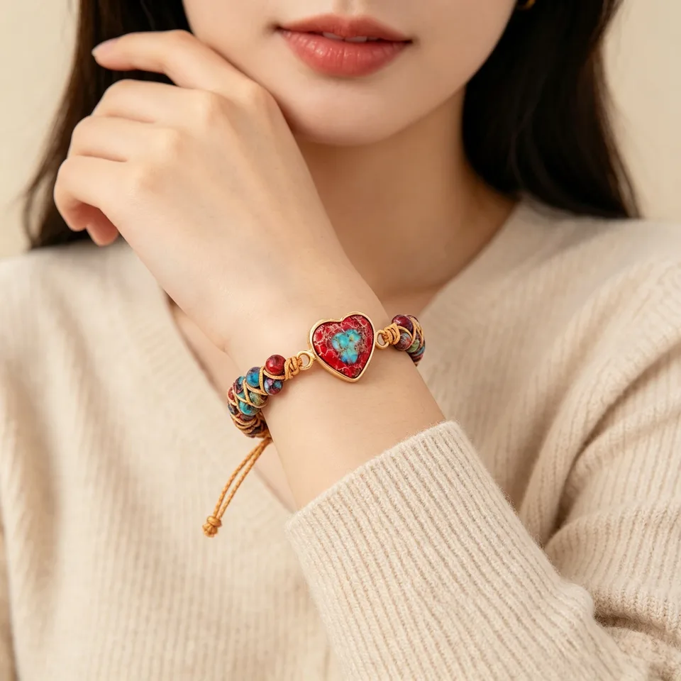 Ansicht 4 von Hand-woven Natural Stone Imperial Heart Bracelet, Adjustable