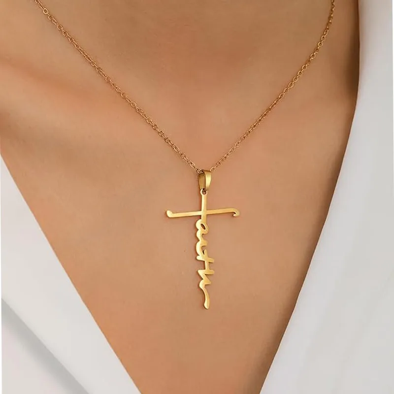 4PCS Faith Necklace For Women Christian Cross Faith Word Church Prayer Religious Pendant Necklace Christian Religious Jewelry Gift,2 Gold 2 view 4