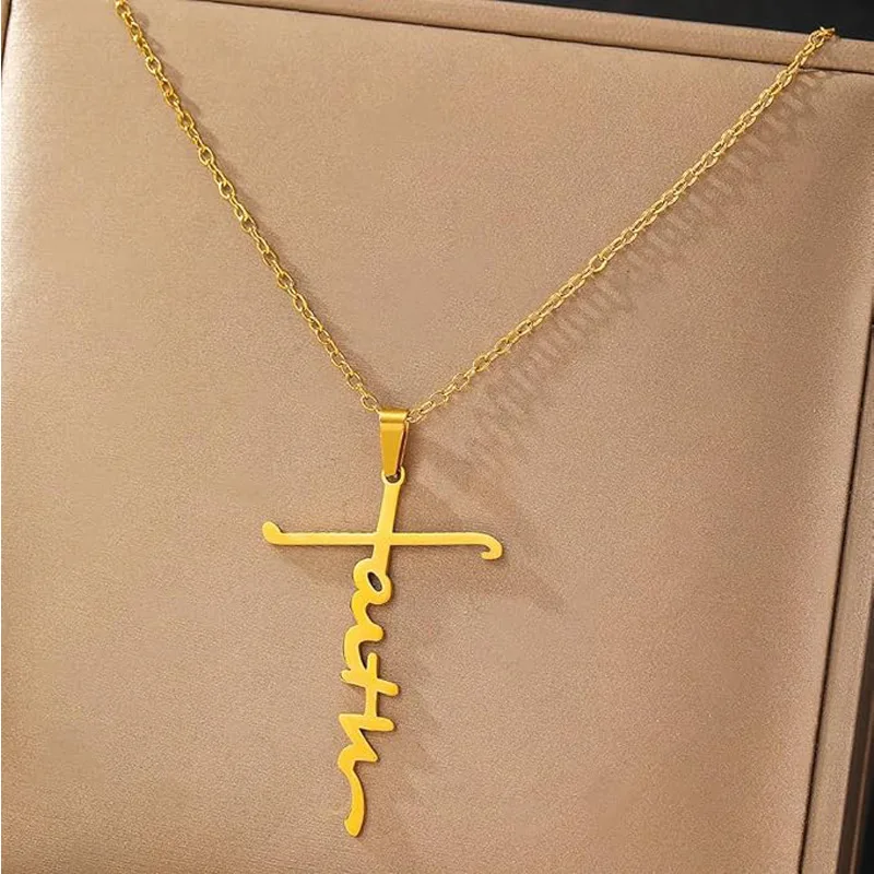 4PCS Faith Necklace For Women Christian Cross Faith Word Church Prayer Religious Pendant Necklace Christian Religious Jewelry Gift,2 Gold 2 view 3
