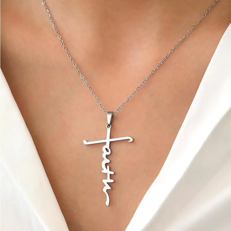 4PCS Faith Necklace For Women Christian Cross Faith Word Church Prayer Religious Pendant Necklace Christian Religious Jewelry Gift,2 Gold 2 view 2