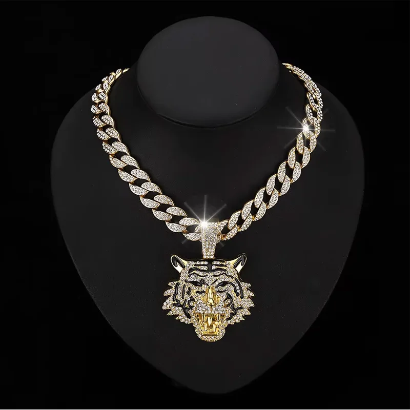 13mm Width Football Pendant Necklace,Hip Hop Green Eyes Tiger Head Pendant Necklace 3D Diamond Gold Zinc Alloy Stainless Steel Religious view 5