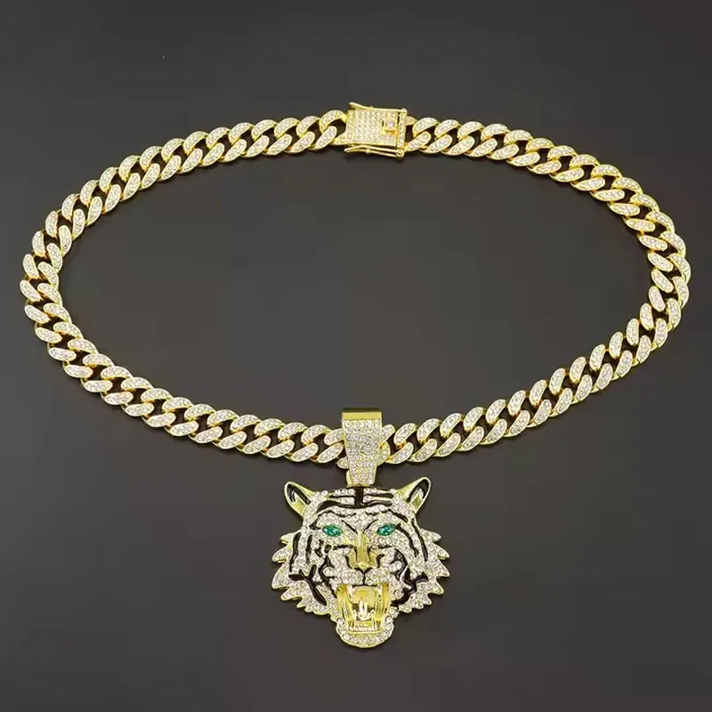 13mm Width Football Pendant Necklace,Hip Hop Green Eyes Tiger Head Pendant Necklace 3D Diamond Gold Zinc Alloy Stainless Steel Religious view 6