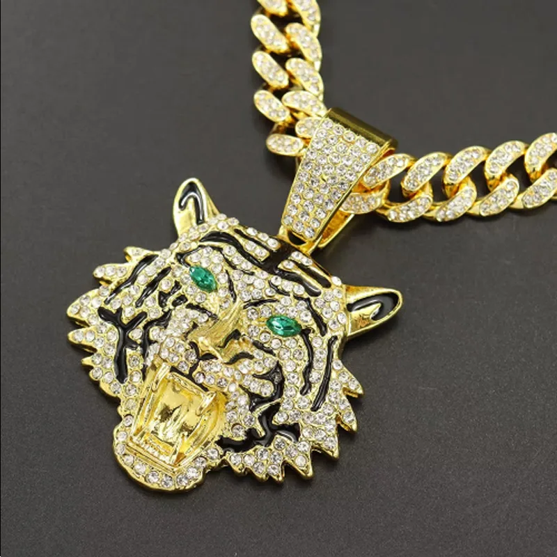 13mm Width Football Pendant Necklace,Hip Hop Green Eyes Tiger Head Pendant Necklace 3D Diamond Gold Zinc Alloy Stainless Steel Religious view 10