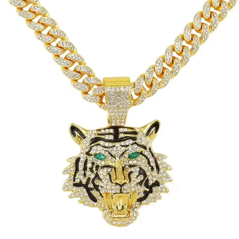 13mm Width Football Pendant Necklace,Hip Hop Green Eyes Tiger Head Pendant Necklace 3D Diamond Gold Zinc Alloy Stainless Steel Religious view 3