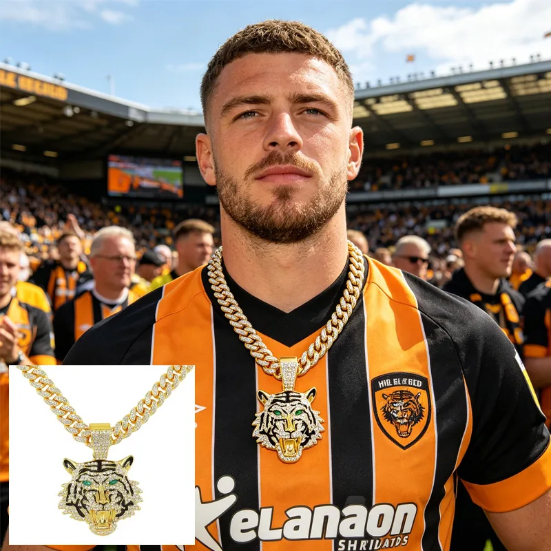 13mm Width Football Pendant Necklace,Hip Hop Green Eyes Tiger Head Pendant Necklace 3D Diamond Gold Zinc Alloy Stainless Steel Religious view 1