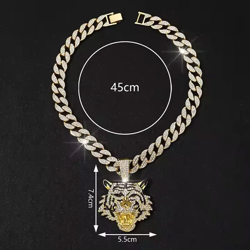 13mm Width Football Pendant Necklace,Hip Hop Green Eyes Tiger Head Pendant Necklace 3D Diamond Gold Zinc Alloy Stainless Steel Religious view 4
