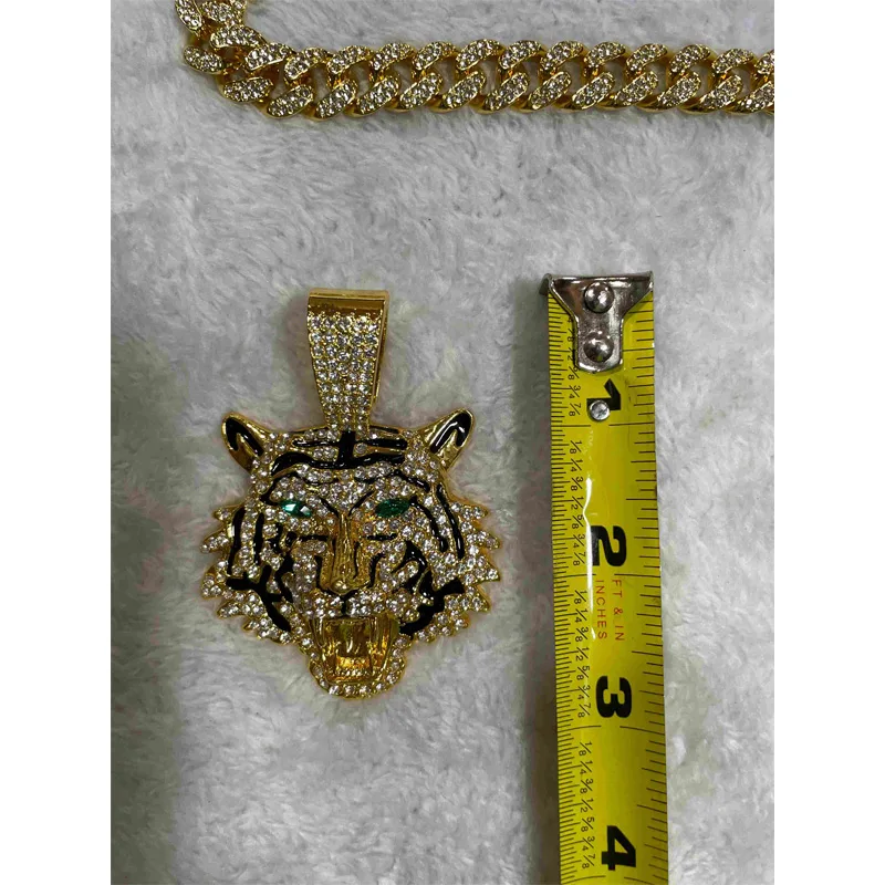 13mm Width Football Pendant Necklace,Hip Hop Green Eyes Tiger Head Pendant Necklace 3D Diamond Gold Zinc Alloy Stainless Steel Religious view 7