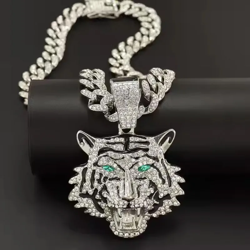 13mm Width Football Pendant Necklace,Hip Hop Green Eyes Tiger Head Pendant Necklace 3D Diamond Gold Zinc Alloy Stainless Steel Religious view 9