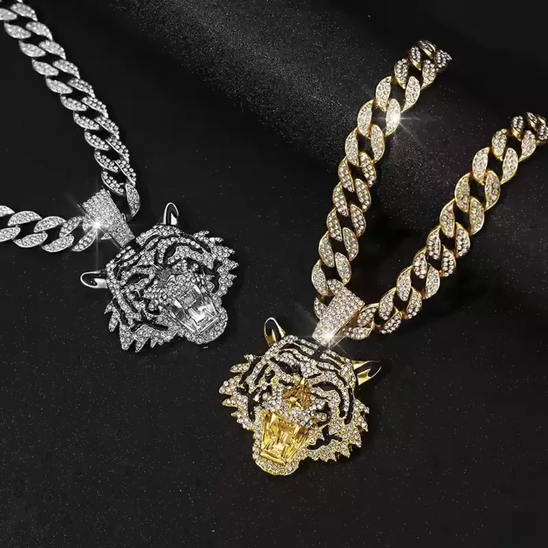 13mm Width Football Pendant Necklace,Hip Hop Green Eyes Tiger Head Pendant Necklace 3D Diamond Gold Zinc Alloy Stainless Steel Religious view 11