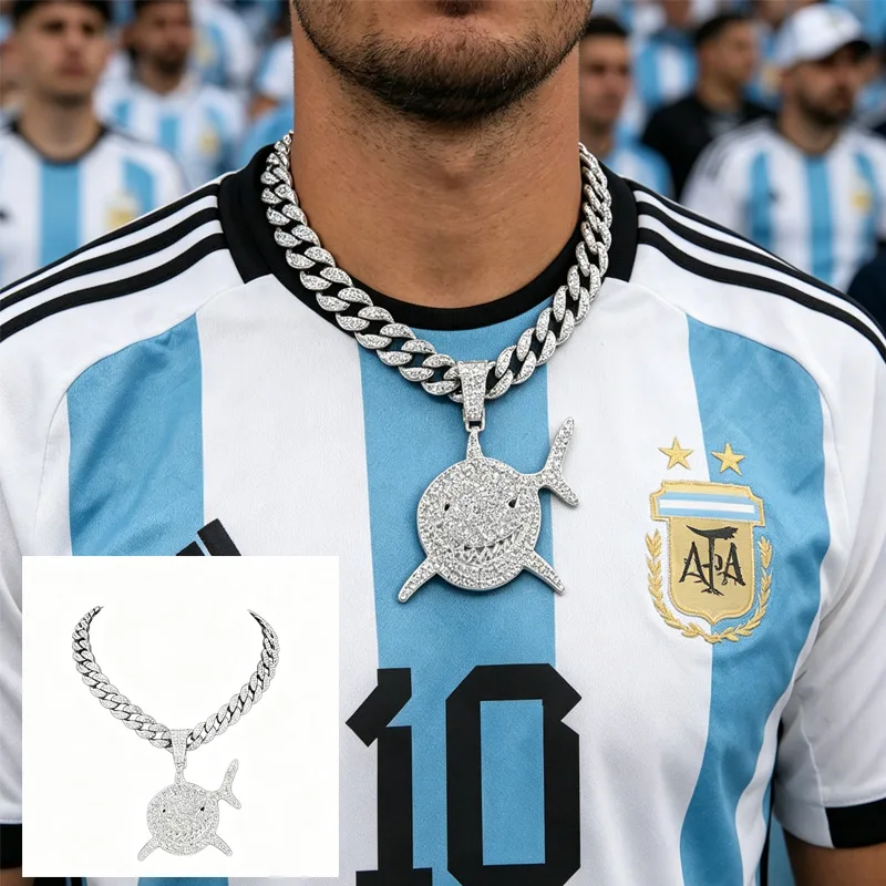 13mm Width Football Pendant Necklace,rhinestone Gold-plated Shark Pendant Necklace, 3D Diamond Gold Zinc Alloy Stainless Steel Religious view 1