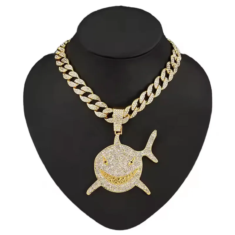 13mm Width Football Pendant Necklace,rhinestone Gold-plated Shark Pendant Necklace, 3D Diamond Gold Zinc Alloy Stainless Steel Religious view 2