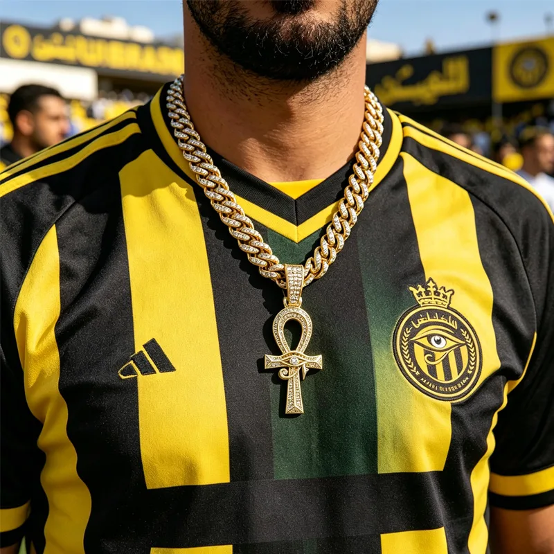 13mm Width Football Pendant Necklace,Full Diamond Eye Of Horus Cross Pendant Necklace, 3D Diamond Gold Zinc Alloy Stainless Steel Religious view 2
