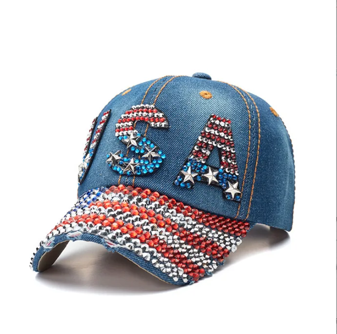 World Cup USA Bling Baseball Cap ,Rhinestone Denim Fan Hat,navy Blue view 3