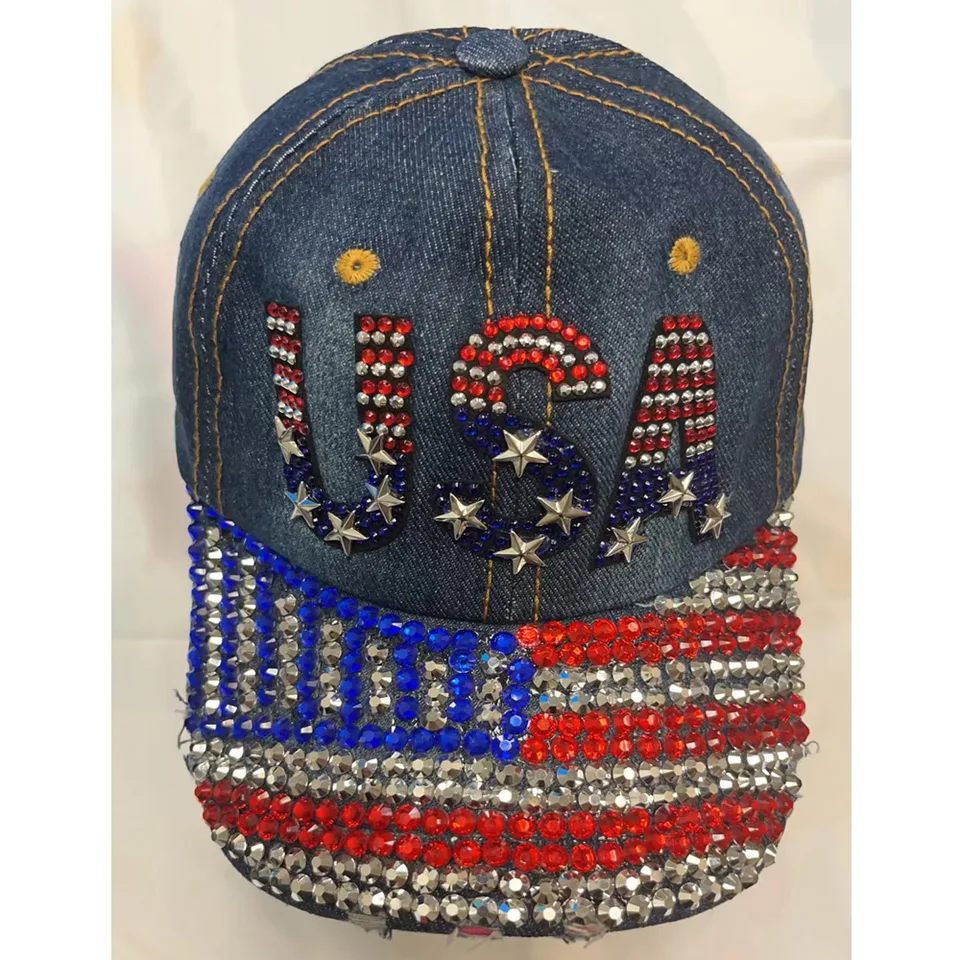 World Cup USA Bling Baseball Cap ,Rhinestone Denim Fan Hat,navy Blue view 4