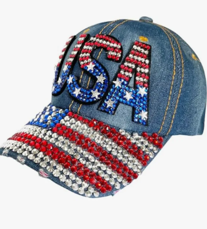 World Cup USA Bling Baseball Cap ,Rhinestone Denim Fan Hat,navy Blue view 2