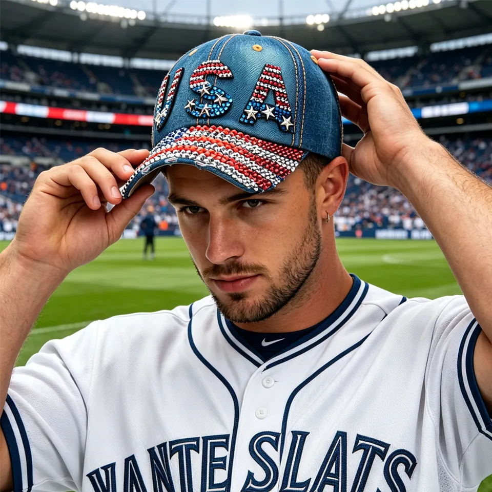 World Cup USA Bling Baseball Cap ,Rhinestone Denim Fan Hat,navy Blue