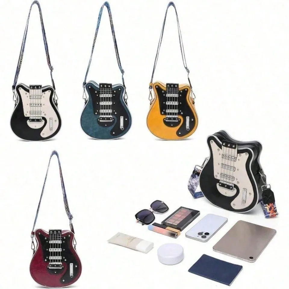 Romantic Gifts Personality Novelty Guitar Shaped Crossbody Bag Style Rivets Decor Shoulder Handbag For Women. Tote Bags For Women, Black view 4