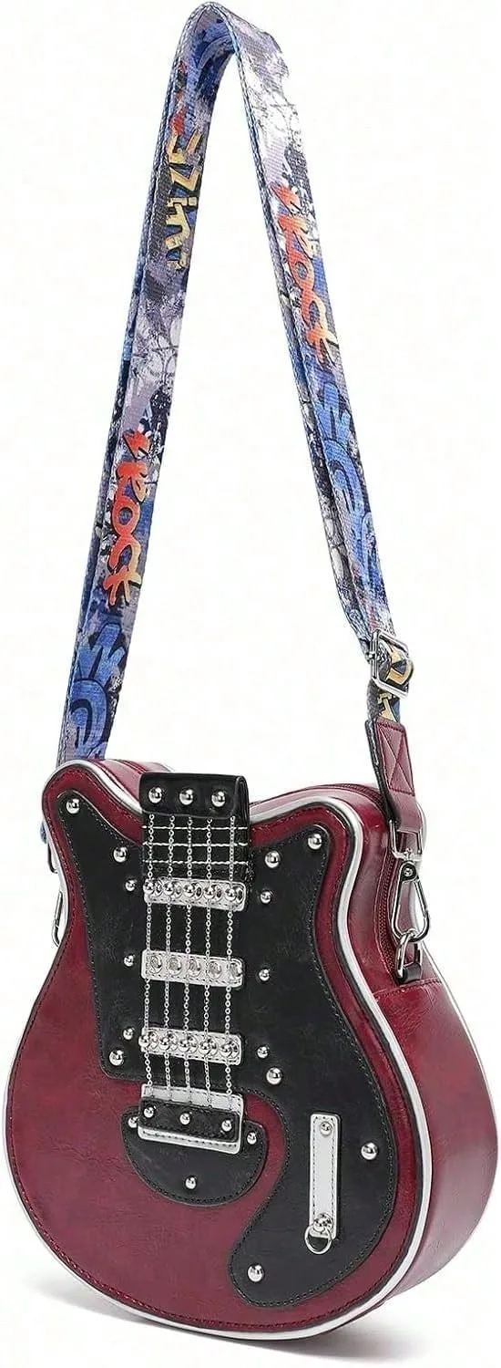 Romantic Gifts Personality Novelty Guitar Shaped Crossbody Bag Style Rivets Decor Shoulder Handbag For Women. Tote Bags For Women, Black view 10