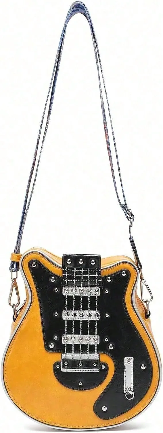 Romantic Gifts Personality Novelty Guitar Shaped Crossbody Bag Style Rivets Decor Shoulder Handbag For Women. Tote Bags For Women, Black view 6