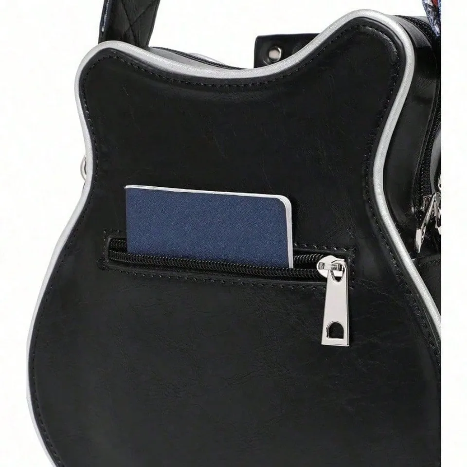 Romantic Gifts Personality Novelty Guitar Shaped Crossbody Bag Style Rivets Decor Shoulder Handbag For Women. Tote Bags For Women, Black view 9