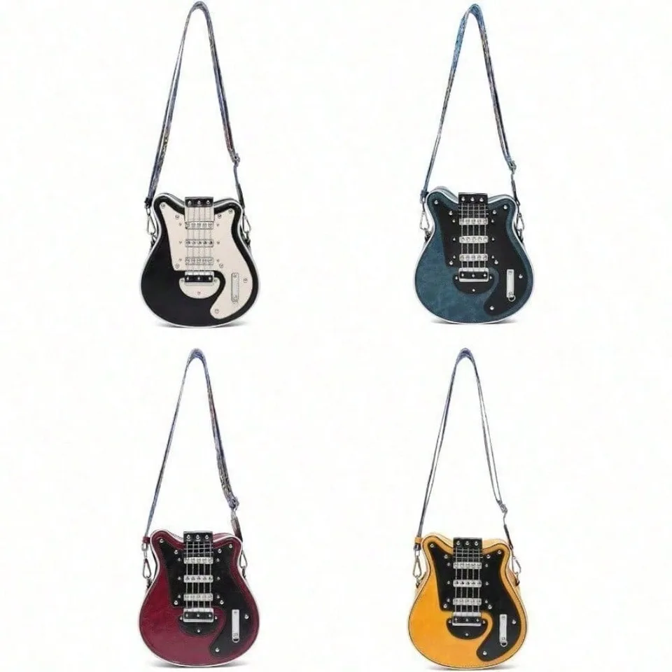 Romantic Gifts Personality Novelty Guitar Shaped Crossbody Bag Style Rivets Decor Shoulder Handbag For Women. Tote Bags For Women, Black view 3