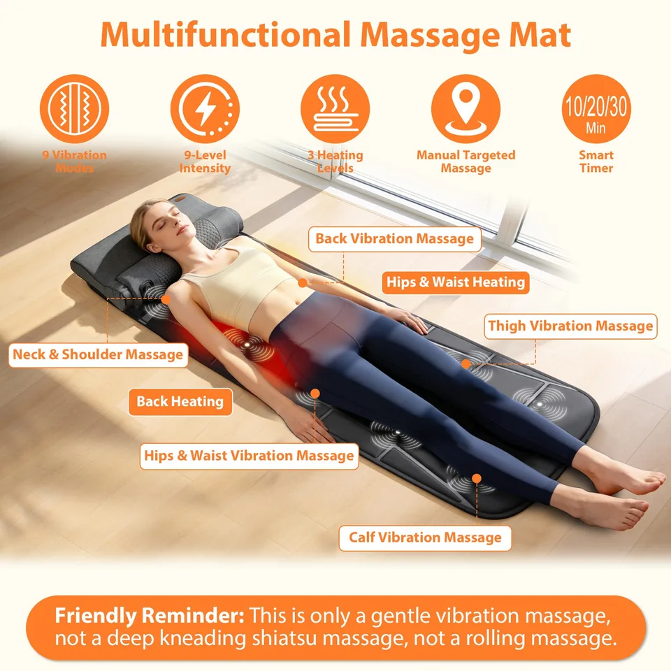 Vibration Massage Mat With Heat Full Body Massage Mattress Pad Electric Heated Massager With 10 Motors 9 Modes 9 Intensities 3 Heating Levels 3 Timer With Storage Bag Earplugs Car Charger For Neck Ba view 2