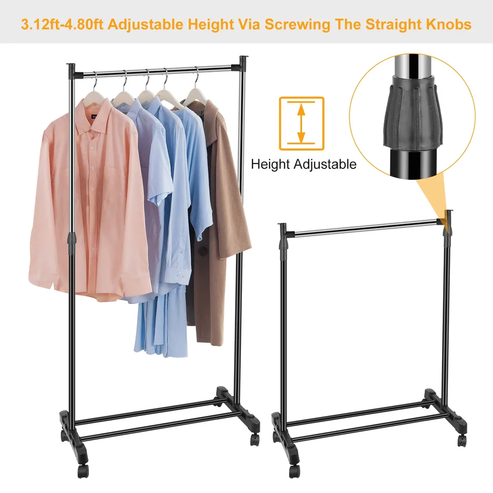 15kg 33lbs Garment Racks 3.12ft To 4.80ft Height Adjustable Clothes Stand Foldable Clothes Hanger With Wheels Storage Shelf For Dormitory view 3
