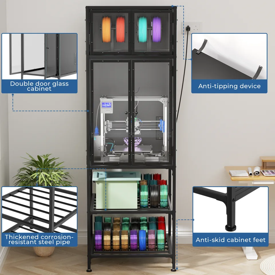 3D Printer Cabinet With Double Layer 3D Printer Filament Storage Rack, T-Shaped Filament Bar & Noise-Reducing, Dust-Proof Design, Suitable view 2