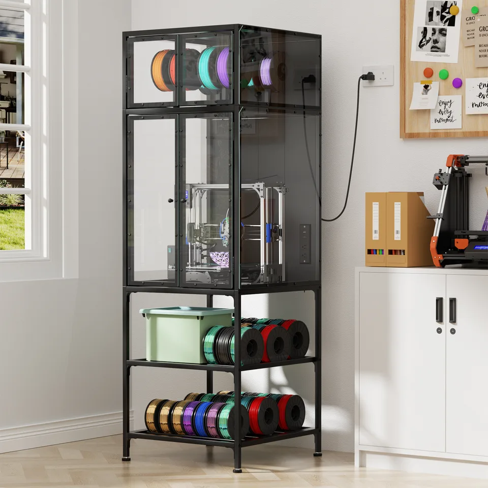 3D Printer Cabinet With Double Layer 3D Printer Filament Storage Rack, T-Shaped Filament Bar & Noise-Reducing, Dust-Proof Design, Suitable view 3