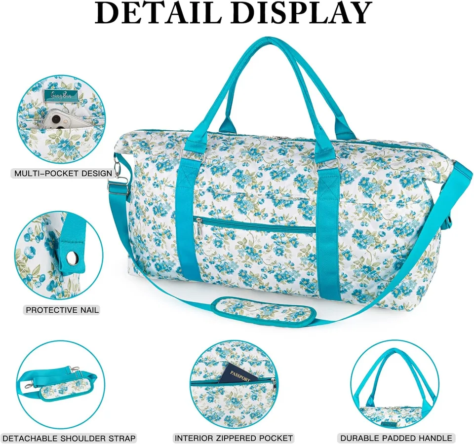 Women's Travel Bag With Toiletry Pouch  Carry-on Overnight & Weekend Bag For Travel, Yoga, And Gym  White Floral Design view 4