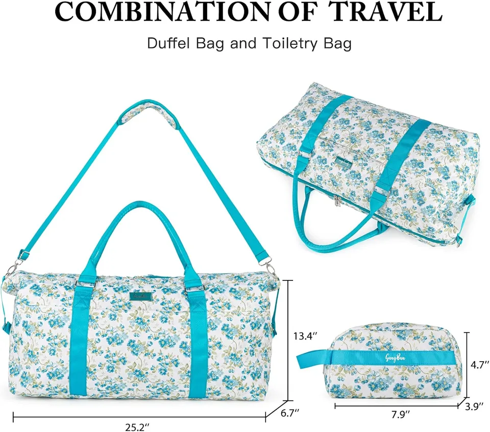 Women's Travel Bag With Toiletry Pouch  Carry-on Overnight & Weekend Bag For Travel, Yoga, And Gym  White Floral Design view 3