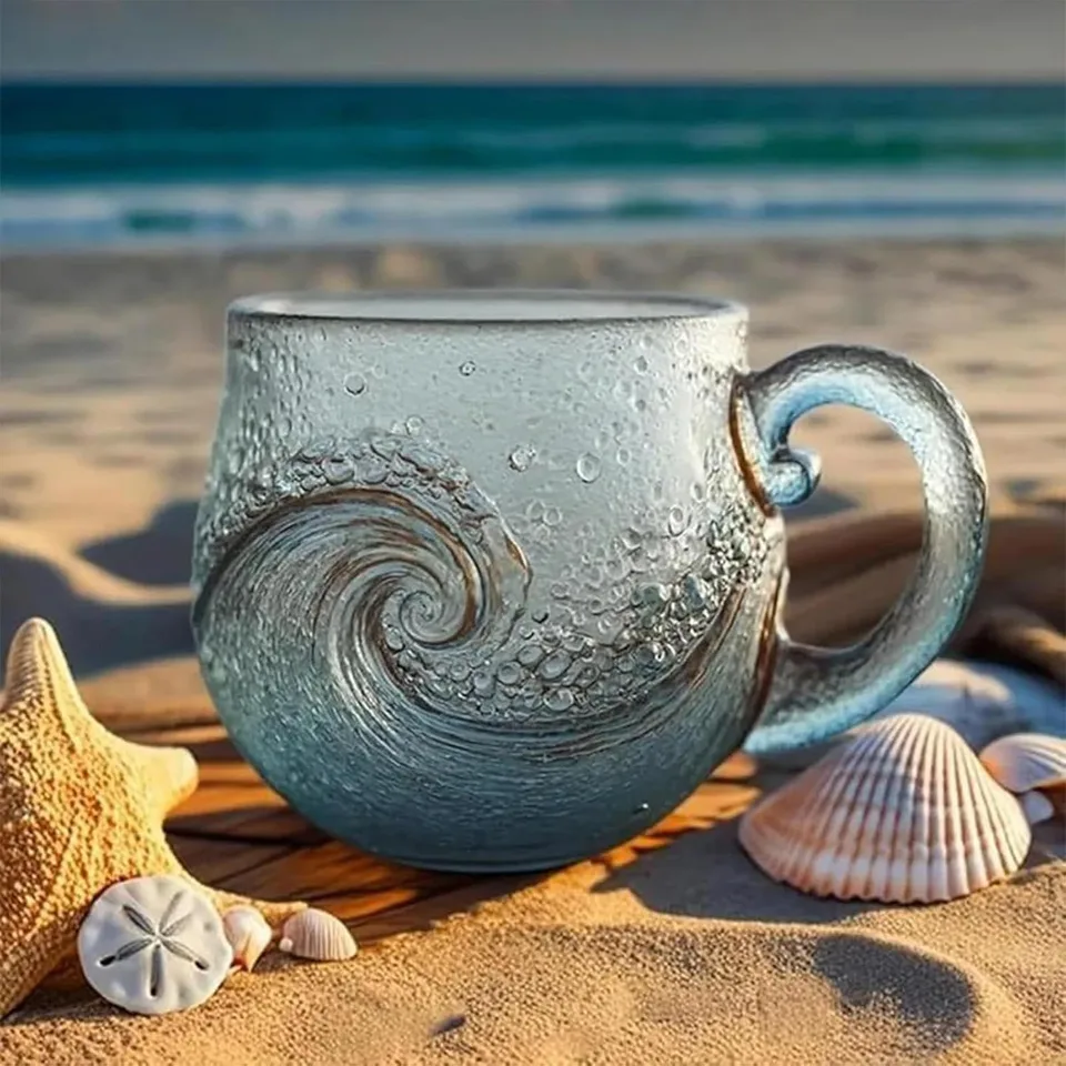 Handmade Sea Glass Wave Cup ,a Unique Wave Designed Wave Coffee Cup, Suitable For Beach Themed Drinks For Families And Gifts view 4
