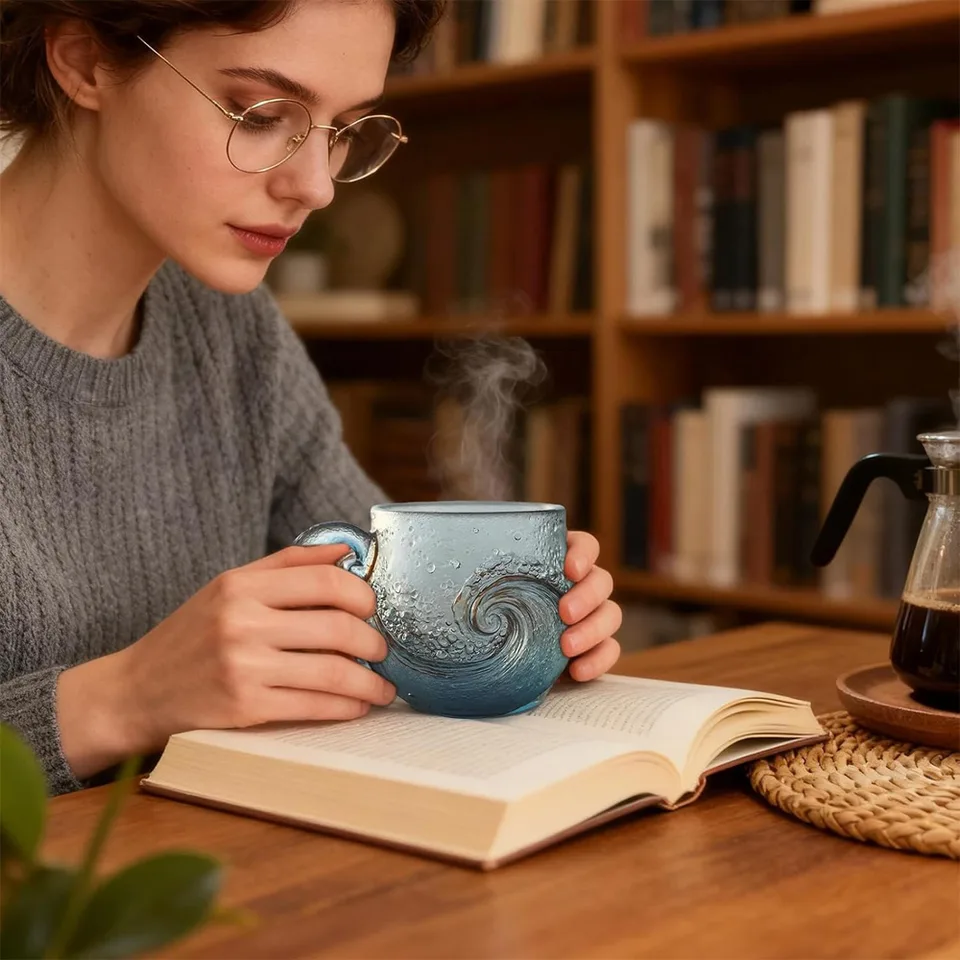 Handmade Sea Glass Wave Cup ,a Unique Wave Designed Wave Coffee Cup, Suitable For Beach Themed Drinks For Families And Gifts view 3