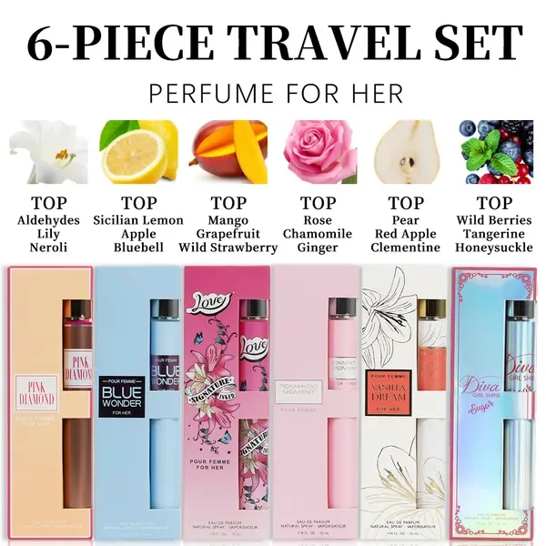 6pcs Travel Set, Women'S Eau De Parfuma Spray, Long Lasting Fragrance, 6 Different Flavor, Perfect For Holiday Gifts, Dating, Daily Life, Parties, 1.18 Fl Oz Bottle view 3
