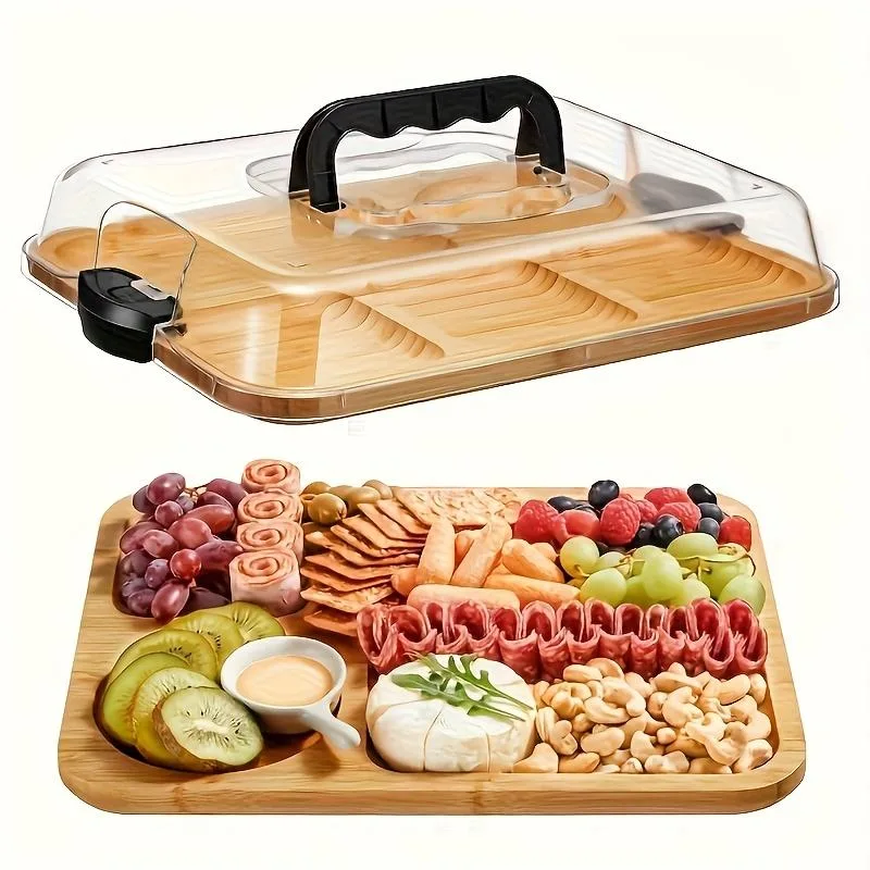 Cheese Tray With Clear Acrylic Lid Portable Charcuterie Board Suitable For Camping, Parties, Restaurants, And Holidays Serving Tray And Cutting Board For Appetizers, Deli Meats, And Snacks.