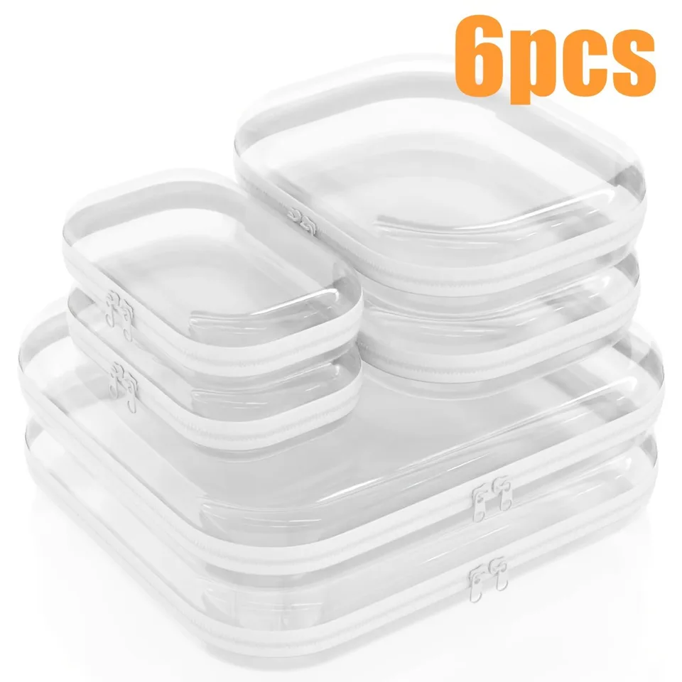 Set Of 6 Clear, Rigid Storage Bags With Double Zippers Includes 3 Different Sizes. Suitable For Toy Storage, Hard Plastic Pencil Cases, Hard