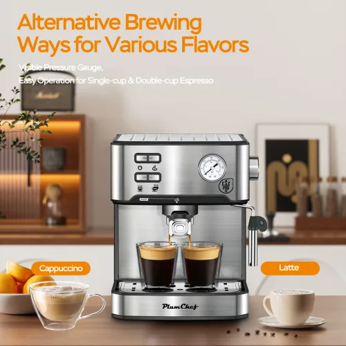 20 Bar Professional Espresso Machine With Milk Frother, Single & Double Shot, ESE Pod Compatible, Pressure Display, Removable Water Tank For view 4