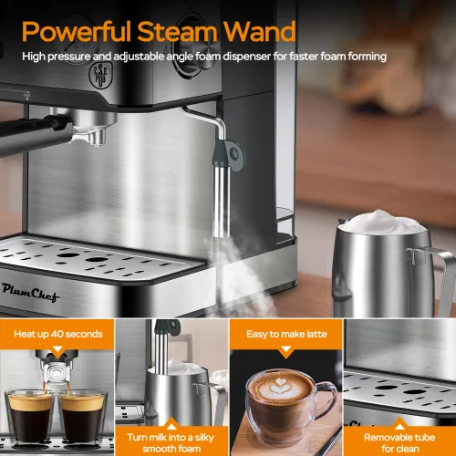 20 Bar Professional Espresso Machine With Milk Frother, Single & Double Shot, ESE Pod Compatible, Pressure Display, Removable Water Tank For view 3